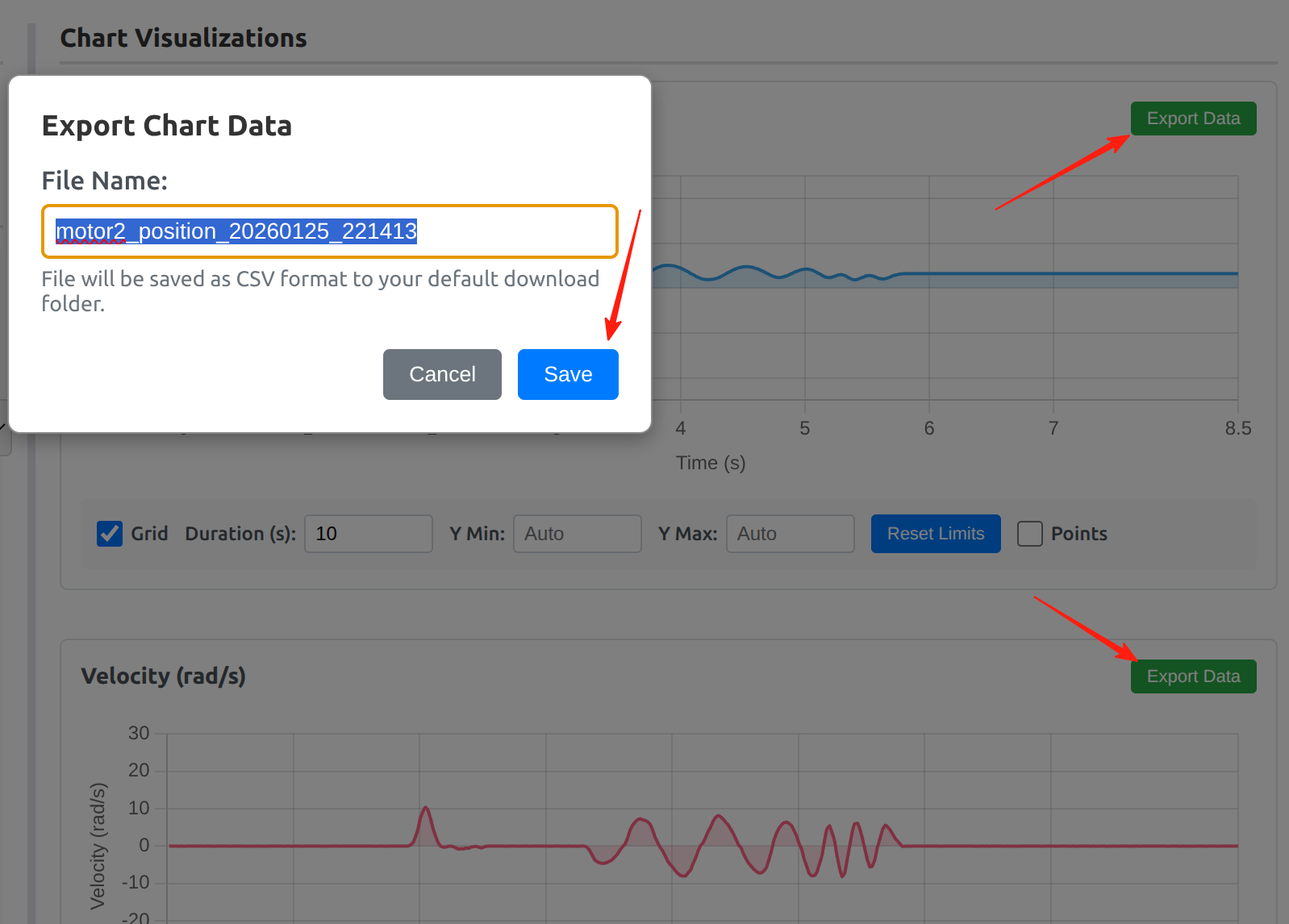 Export Chart Data – file name, Save to CSV, Cancel