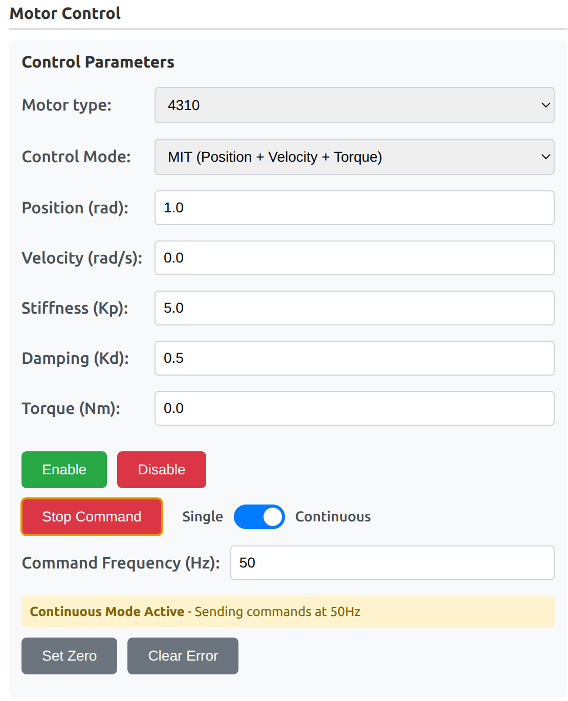 Motor Control – Control Parameters (mode, position, velocity, Kp/Kd, torque, Enable/Disable, Send Command, Single/Continuous, Set Zero, Clear Error) and Motor Feedback